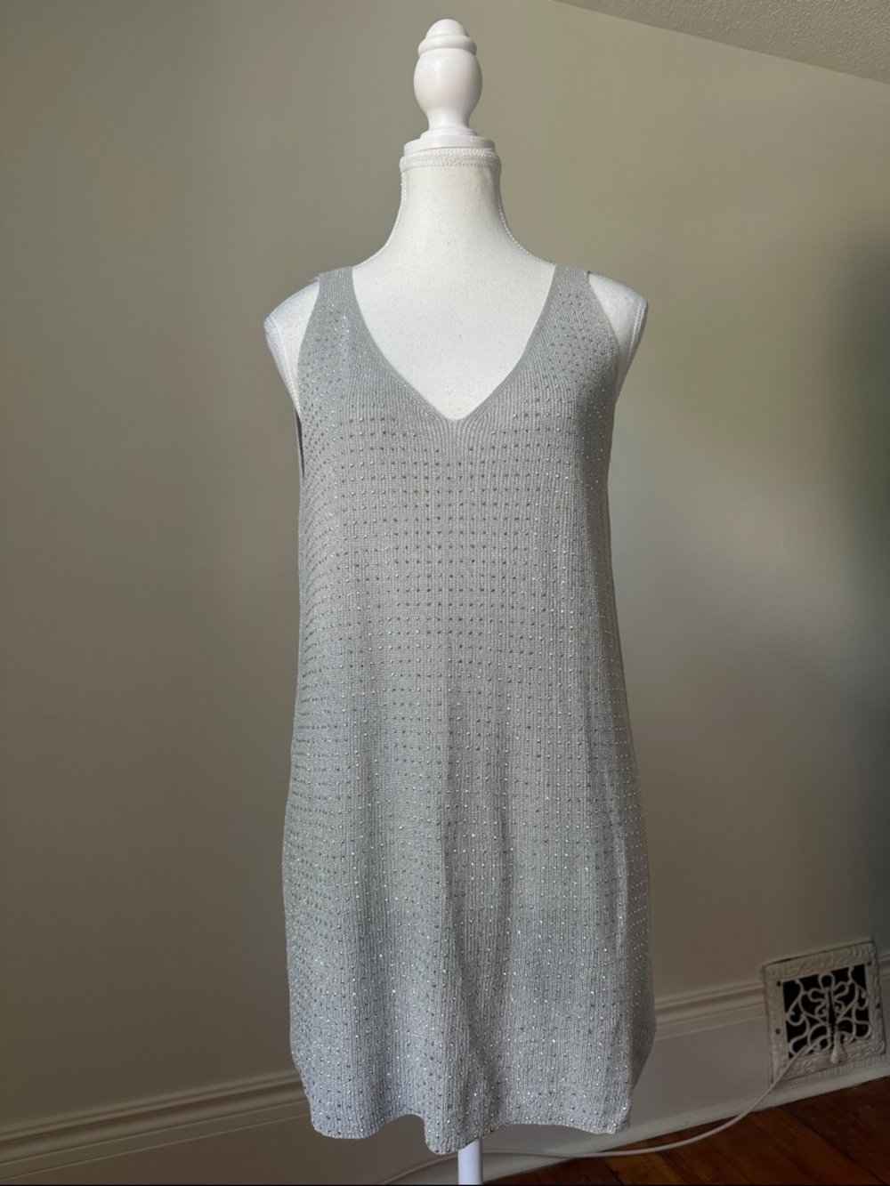 MODEL FRANCE Y2K Silver Bedazzled Rave Longlined Vneck Tank Top Size One Size